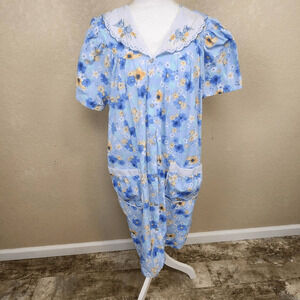 Casual Nights Blue Pansy Print Embroidered Collar House Dress Size XL (4253)